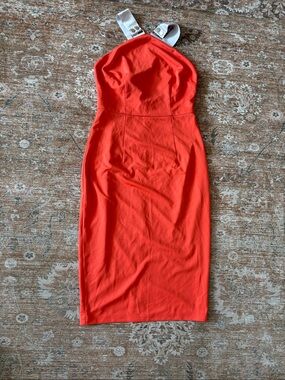 Red Strapless Midi Dress with White Buckle Straps